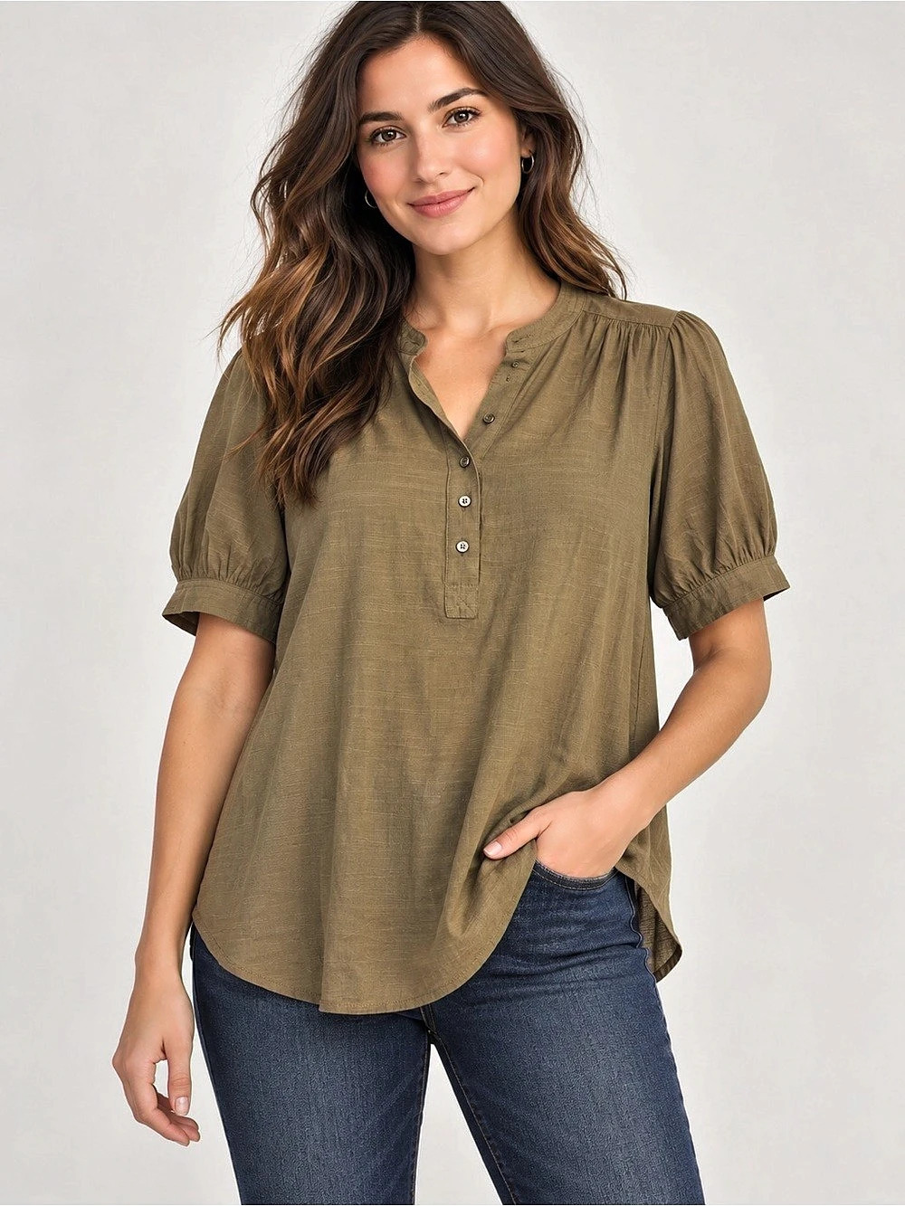 Banana Republic Puff Sleeve Henley Top Women's Brown Blouse Large